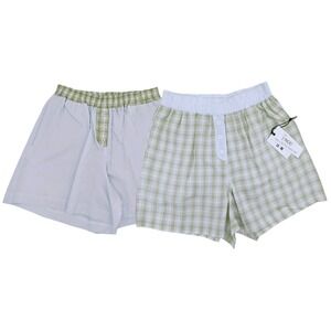 2 Cotton Sleep Shorts Women (S) Pajama Boxer Pockets Green Gingham & Blue Stripe